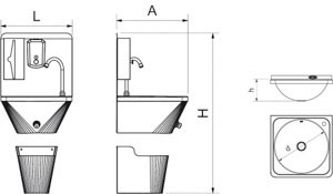 Handwaschbecken zur Wandmontage aus Edelstahl mit Papierkorb u. Seifenspender