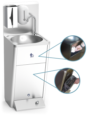 Handwaschbecken aus Edelstahl mit Fussbedienung, Papierkorb und Seifenspender
