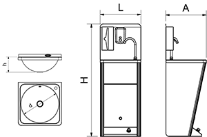Handwaschbecken aus Edelstahl mit Fussbedienung, Papierkorb und Seifenspender