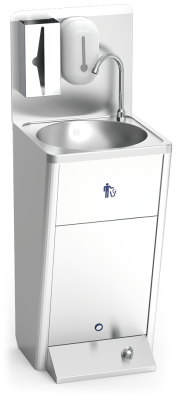 Handwaschbecken aus Edelstahl mit Fussbedienung, Papierkorb und Seifenspender