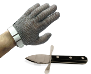 Stechschutzhandschuh aus Edelstahl mit Verschlussarmband + Austernöffner, handbetrieben